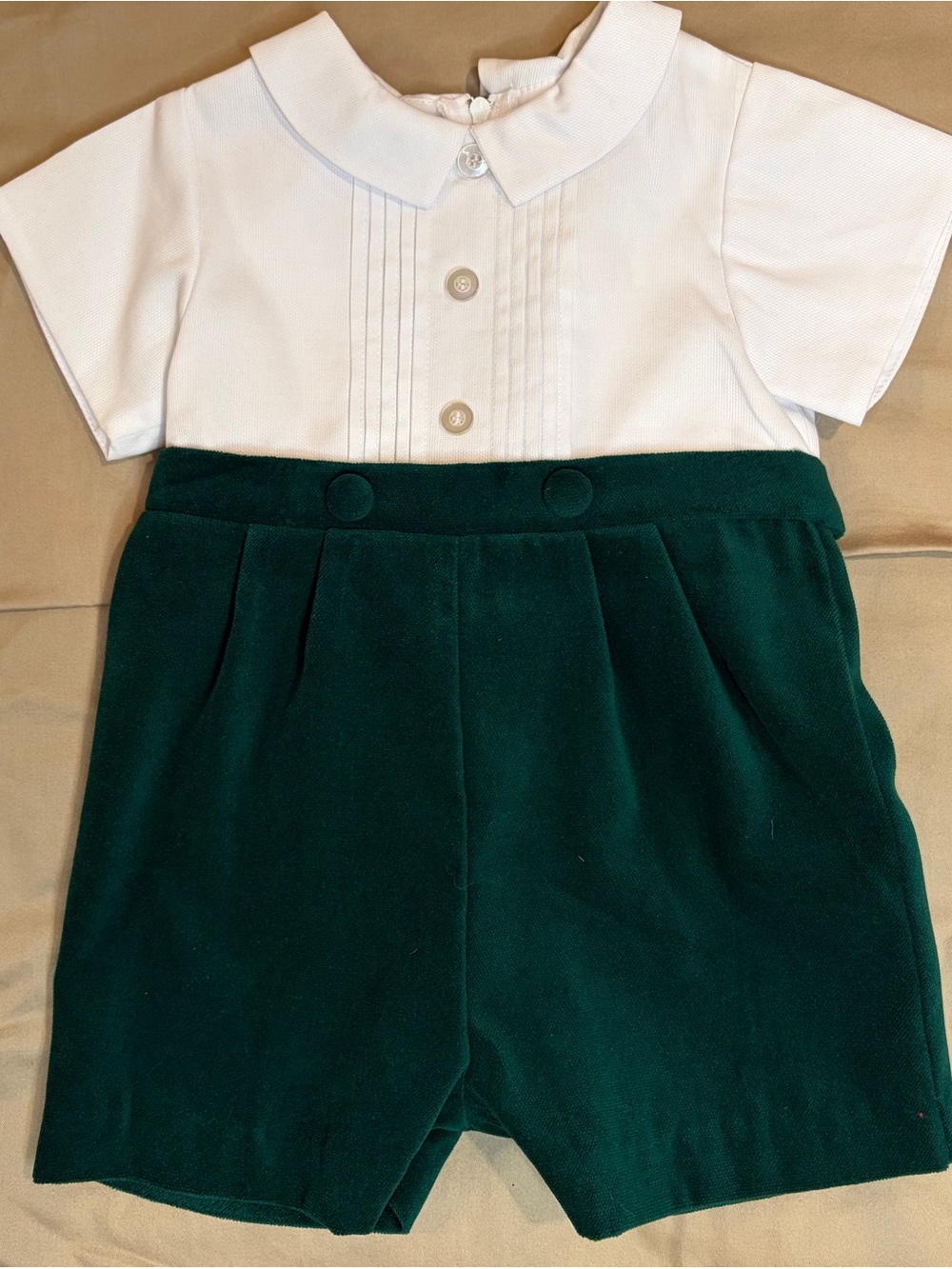 Florence Eiseman Boys 9 Months Green Velvet White Piqué Holiday Shortall NWT
